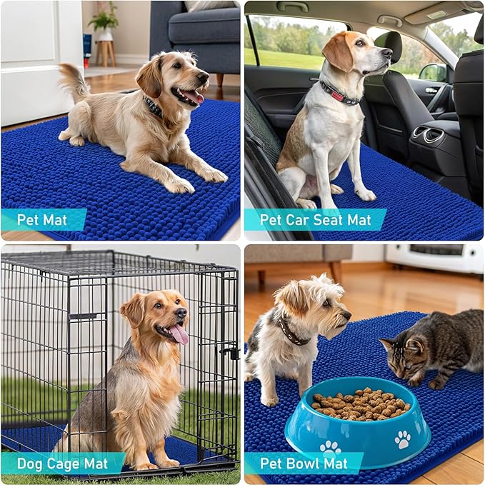 OLANLY Dog Door Mat for Muddy Paws 70x46, Absorbs Moisture and Dirt, Absorbent Non-Slip Washable Doormat, Quick Dry Chenille Mud Mat for Dogs, Entry Indoor Entryway Carpet for Inside Floor, Royal Blue