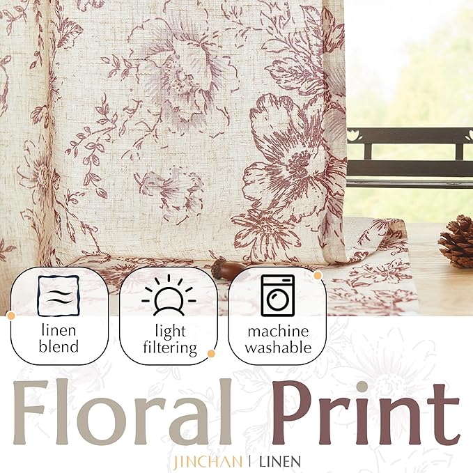 jinchan Linen Blend Curtain Floral Curtains for Living Room 90 Inch Length Farmhouse Brick Red Printed Curtain Rod Pocket Back Tab Peony Flower Patterned Drapes Curtains Set 2 Panels