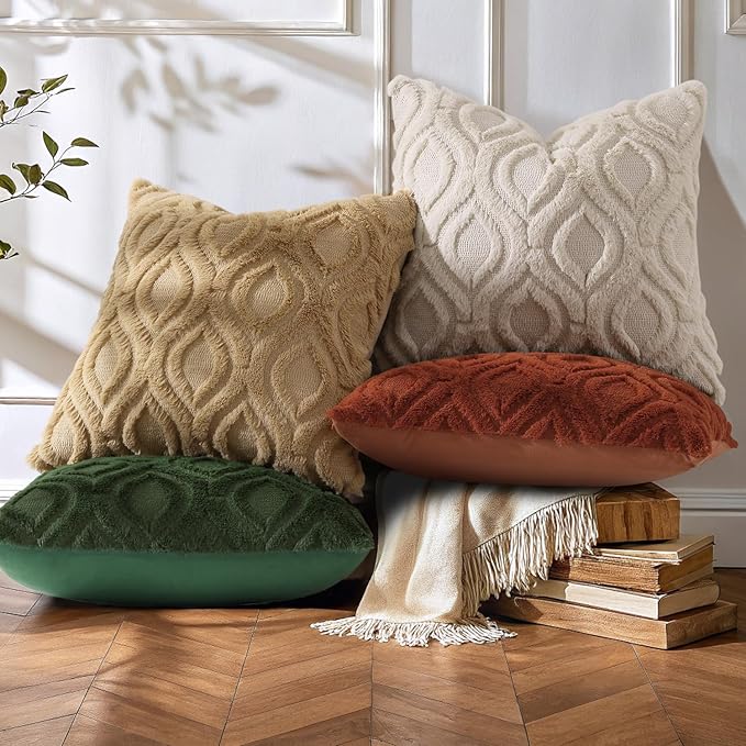 decorUhome Throw Pillow Covers 18x18 Inch Set of 2, Soft Plush Faux Wool Khaki Solid Couch Pillow Covers, Accent Farmhouse Neutral Square Pillow Cases for Sofa Bed Living Room