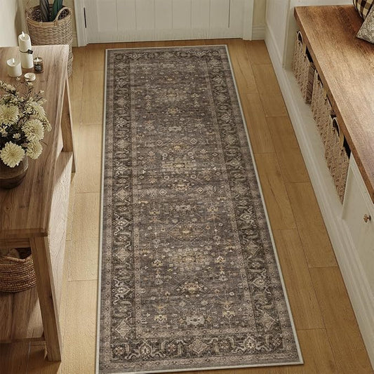 2x8 Washable Runner Rug for Hallway Kitchen Vintage Brown Non Slip Low Pile Carpet Traditional Retro Soft Throw Rug for Bathroom Bedroom Entryway Indoor Entrance