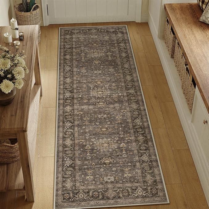 2'6x8 Washable Runner Rug for Hallway Kitchen Vintage Brown Non Slip Low Pile Carpet Traditional Retro Soft Throw Rug for Bathroom Bedroom Entryway Indoor Entrance