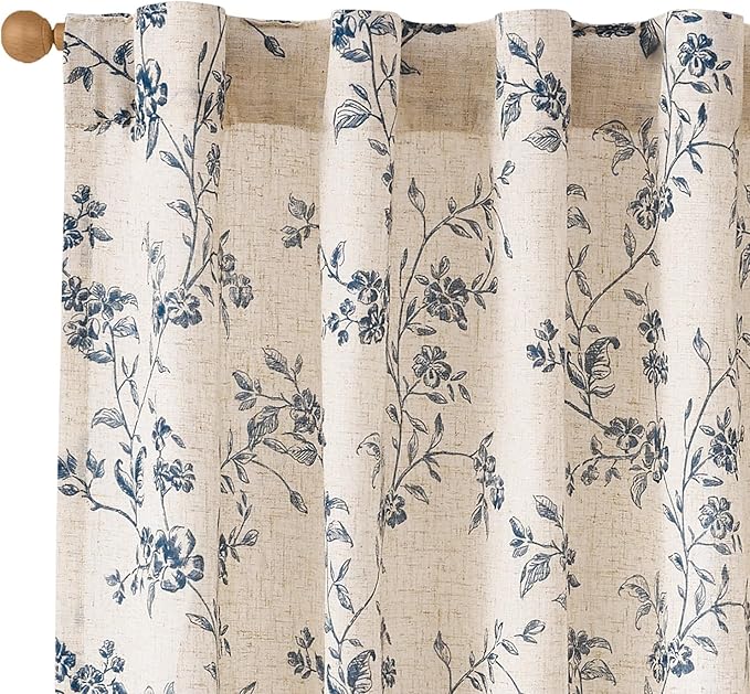 Lazzzy Floral Linen Curtains Farmhouse Extra Long Curtain for Living Room Bedroom Light Filtering Vintage Rod Pocket Back Tab Drapes for Home, 2 Panels, Blue on Beige, W38 X L108