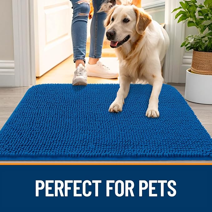 OLANLY Dog Door Mat for Muddy Paws 54x32, Absorbs Moisture and Dirt, Absorbent Non-Slip Washable Doormat, Quick Dry Chenille Mud Mat, Entry Indoor Entryway Carpet for Inside Floor, Deep Navy Blue
