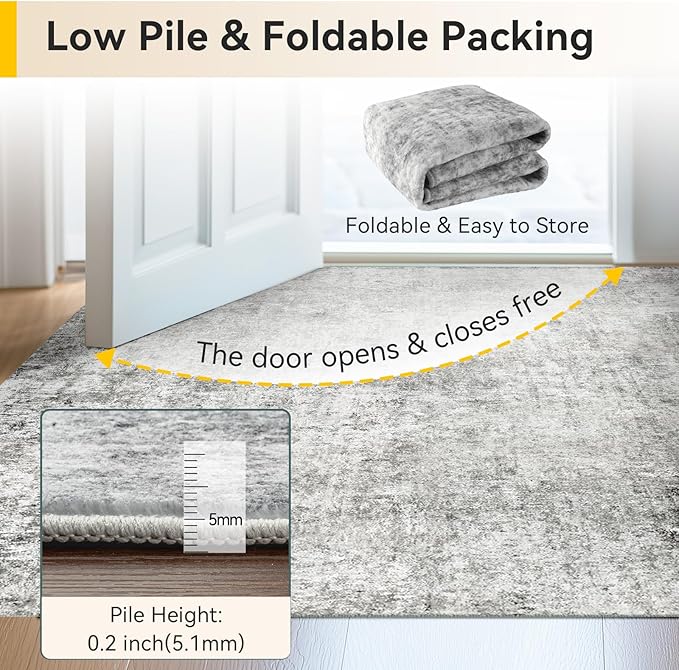 Washable Area Rugs 8'x10' Non-Slip Modern Abstract Soft for Living Room Entryway Bedroom Nursery, Print Pattern, Gray White Grey