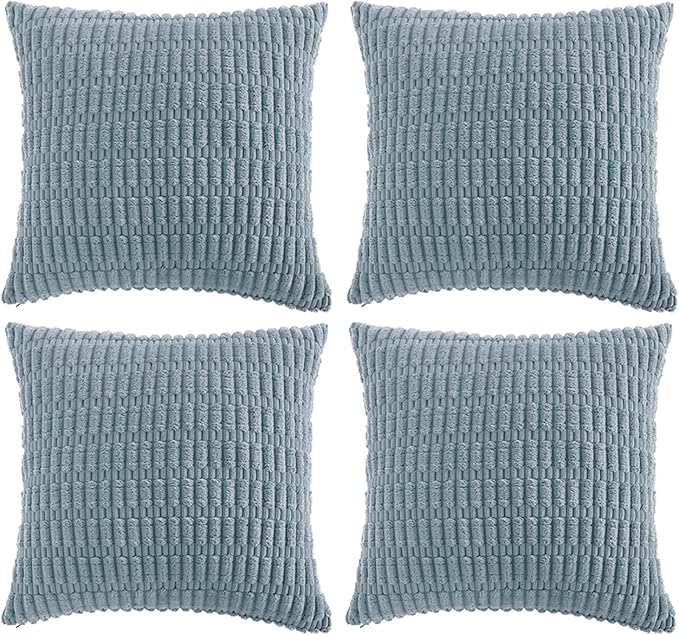 Fancy Homi 4 Packs Boho Light Blue Decorative Throw Pillow Covers 24x24 Inch for Couch Bed Sofa, Rustic Modern Farmhouse Home Decor, Soft Plush Corduroy Cute Square Cushion Case 60x60 cm