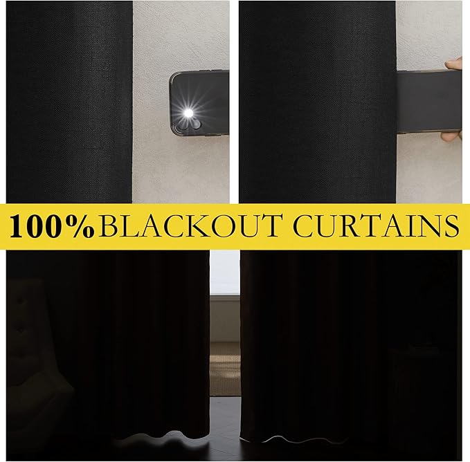 NICETOWN Vintage Open Linen Weave Flax Thermal Curtains, 100% Blackout Curtains 54" Long for Dining Room, Soundproof Window Treatment Drapes for Cafe, Black, 42" Wide Per Panel, Set of 2