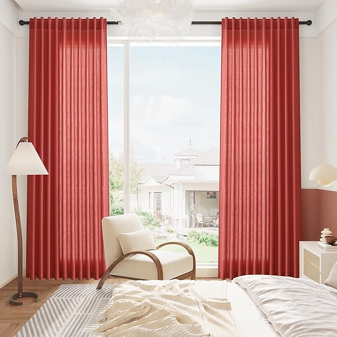 Christmas Red Linen Curtains 102 Inches Long for Living Room Light Filtering Semi Sheer Curtain Back Tab Vintage Rustic Luxury Home Decor Floor to Ceiling Neutral Drapes for Bedroom 52x102, 2 Panels