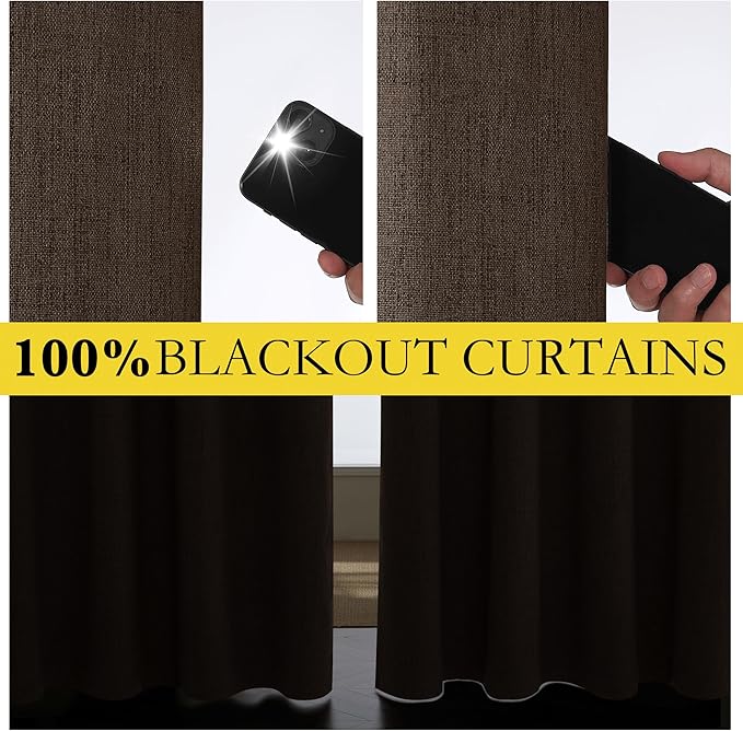 NICETOWN Coffee Vintage Linen 100% Blackout Curtains for Living Room, Thermal Insulated Curtains 84" Long, Noise Reducing Window Treatment Drapes for Hall Room, 42" Wide Per Panel, Set of 2