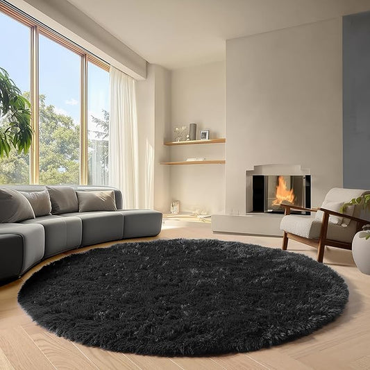 ONASAR Black Round Rugs 8ft for Living Room, Fluffy Bedroom Circle Area Rug, Soft Plush Fuzzy Shaggy Carpet Mat for Kids Girls Boys Teen Nursery Dorm Classroom Home Office Decor Aesthetic