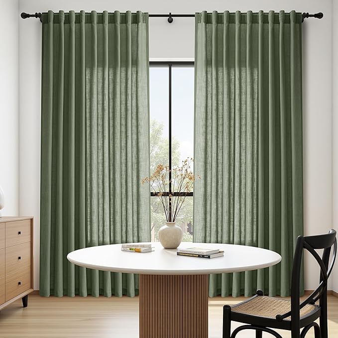 Nanspring 70 Inches Wide Olive Green Linen Curtains for Living Room 2 Panels Set 84 Inch Length Back Tab Light Filtering and Breathability Semi Sheer Curtain for Bedroom 70x84