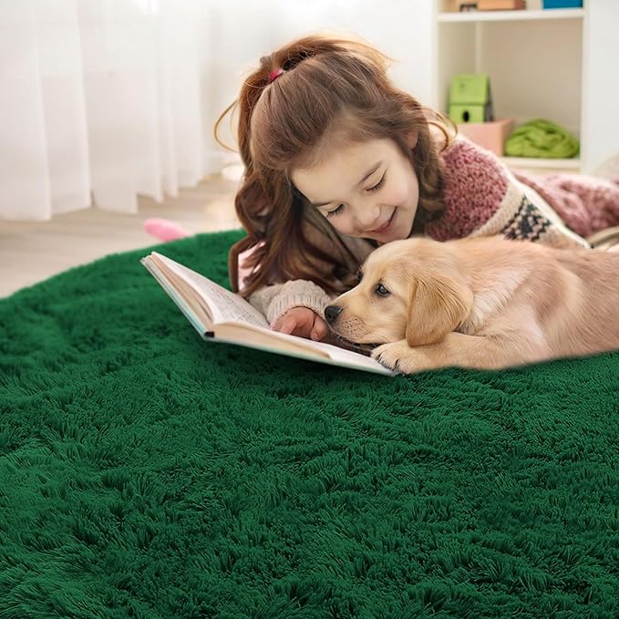 OLANLY Dark Green Round Rugs for Bedroom - Machine Washable, 6 ft Circle Area Rugs for Living Room, Soft and Fluffy Shaggy Carpet for Teen Girls and Boys, Nursery Rooms, Dorms, Home Decor Aesthetic