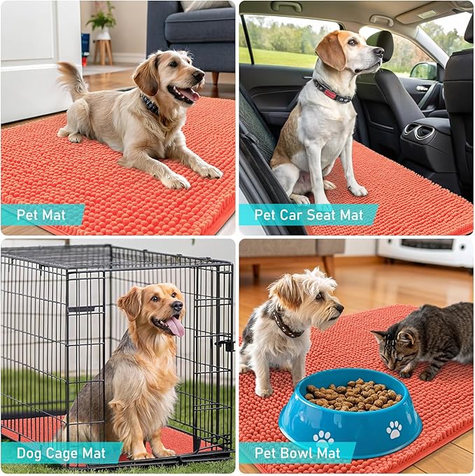 OLANLY Dog Door Mat for Muddy Paws 47x24, Absorbs Moisture and Dirt, Absorbent Non-Slip Washable Doormat, Quick Dry Chenille Mud Mat for Dogs, Entry Indoor Entryway Carpet for Inside Floor, Coral