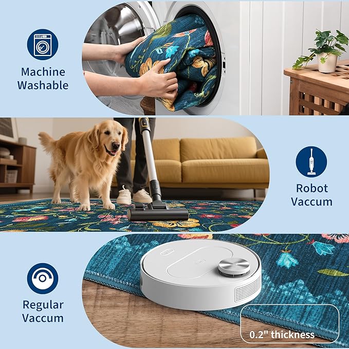 GarveeHome Washable Rug 4x6 Area Rugs for Living Room, Floral Rug for Bedroom, Soft Boho Non Slip Throw Rugs with Rubber Back, Low Pile Stain Resistant Vintage Floral Carpet for Dining Room, Blue