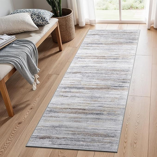 2x5 Washable Runner Rug for Family: Easy-to-Clean Runners for Hallway Entryway Bedroom - Stain and Water Resistant Rugs with Non-Slip Backing - Soft Low-Pile Carpet Beige Grey