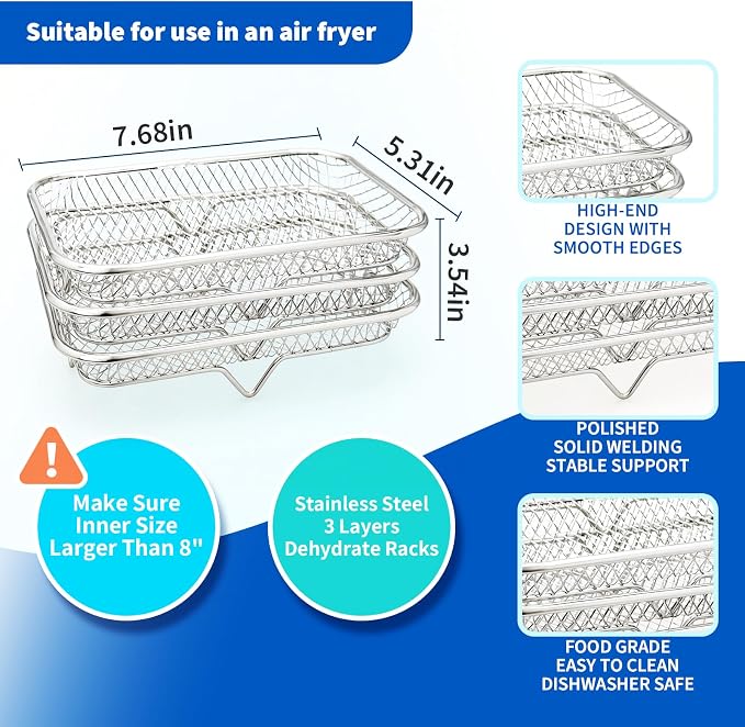 7.68inch Rectangle Air Fryer Rack, Stainless Steel, Deep Dehydrator Racks - Image 3
