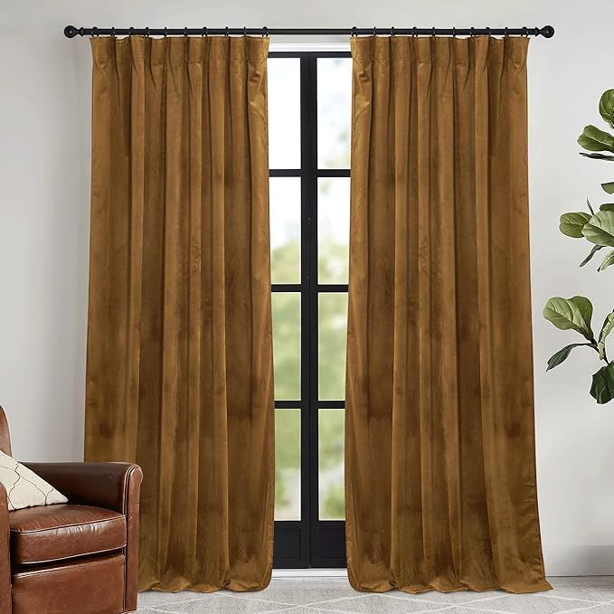 RYB HOME Velvet Blackout Curtains - Smooth Plush Privacy Blackout Energy Efficient Window Treatment Vintage Luxury Decoration for Retro Living Room, W52 x L90, Golden Brown, 2 Pieces