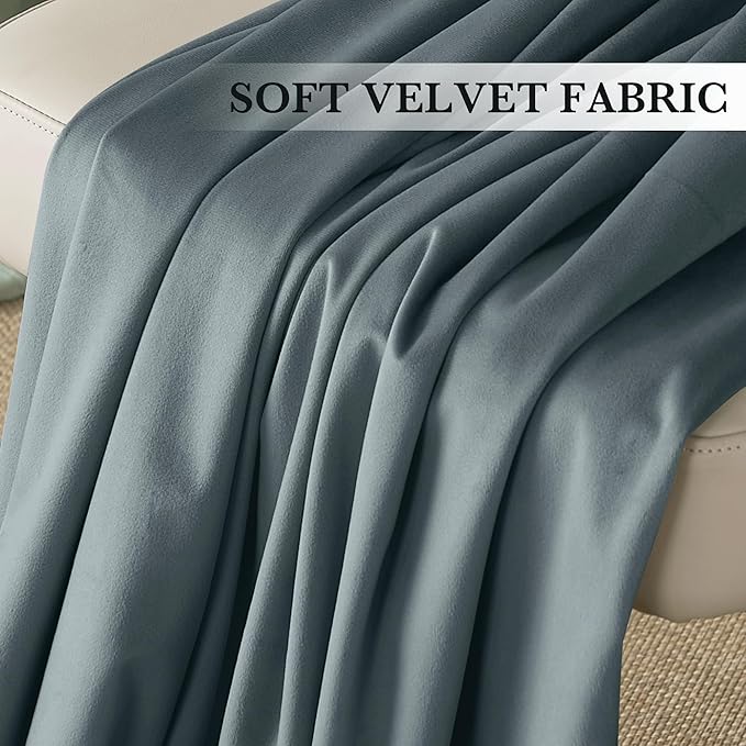 RYB HOME Dusty Blue Velvet Drapes for Baby Boy Bedroom, Thermal Insulated, Light Blocking, Floor-Length Velvet Curtains with Hook Belt for Modern Home Decor, 52" W x L90 L, 2 Panels Set