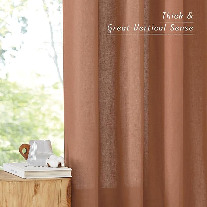 NICETOWN Caramel Linen Curtains for Kitchen, Thick Flax Small Window Treatments Semi Sheer Privacy Assured with Light Through for Cafe/Bathroom, W42 x L90, 2 Panels