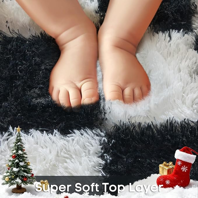 Ophanie Checkered Black & White Rug for Living Room Bedroom, Fluffy Soft Cute Fuzzy Area Rugs, Shag Plush Shaggy Bedside Floor 6x9 Furry Carpet for Kids Baby Teen Dorm Nursery Home Decor Aesthetic