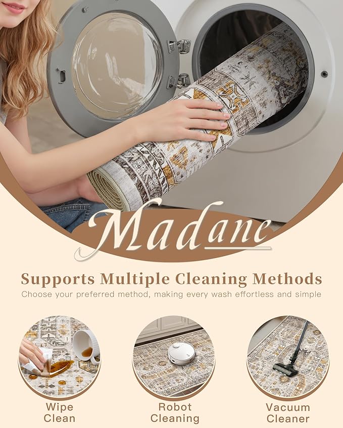 Madane Runner Rugs for Hallway 2x10 Long Washable Non-Slip Hallway Runner Rug Low-Pile Stair Kitchen Runner Throw Carpet for Entrance Living Dining Laundry Room (Brown/Gold, 2 x 10)