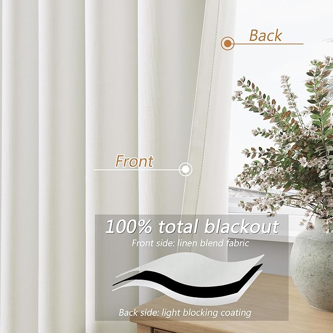 Guken 100% Blackout Linen Curtains 98 Inch Wide by 52 Inch 2 Panels Set for Living Room Bedroom Back Tab Thermal Insulated Black Out Linen Drapes Room Darkening Window Curtains, Ivory