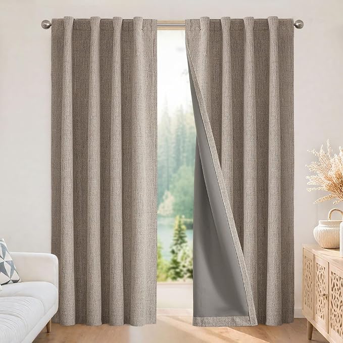 Joydeco Blackout Curtains for Bedroom - 100% Light Blocking 2 Panels Set Linen Drapes 37" W x 108" L, Thermal Insulated Room Darkening Curtains, Linen Textured for Living Room, Rod Pocket & Back Tabs
