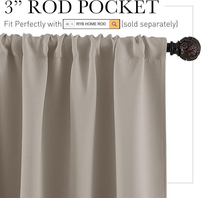 RYB HOME Short Blackout Curtains for Small Window, Sunmmer Heat Light Blocking Privacy Protection Curtains for Sunroom Laundry Room Stair Window, Width 52 by Length 36, Sand, Set of 2