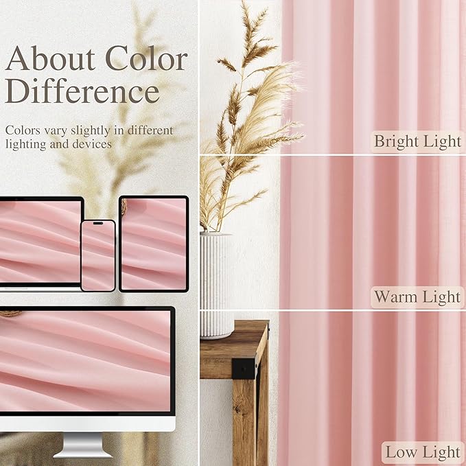 Nanspring Pink Linen Curtains 96 Inches Long 2 Panels Set for Baby Girl Bedroom Back Tab Rod Pocket Semi Sheer Light Filtering Drape for Bedroom Home Decor Protect Privacy 52x96