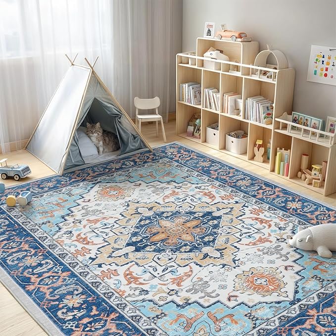 Lofus 5x7 Area Rugs for Living Room, Washable Area Rug, Rugs for Bedroom, Kitchen, Vintage Boho Carpet, Soft Non-Slip, Low Pile Large Area Rug for Office Dining Room, Floral Blue