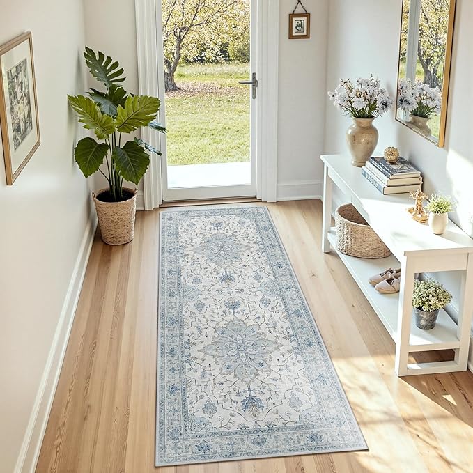 Area Rugs 2'x6' Runner Rug Non Slip Washable for Kitchen Hallway Bedroom Beside Laundry Room Bathroom Rug, Floor Carpet, Light Blue Navy Beige Gray White