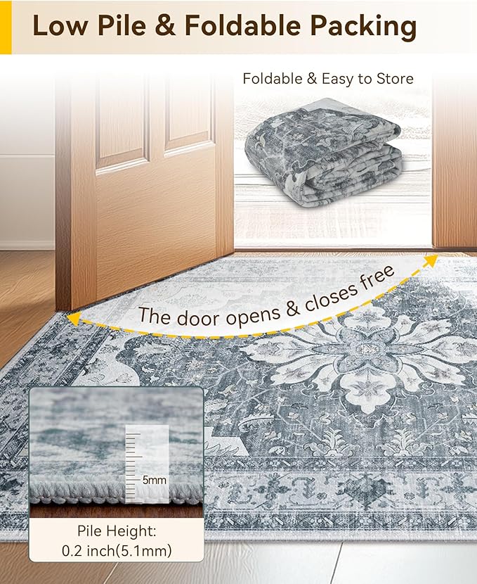 RELEANY Area Rugs 2'x10' Runner Rug Non Slip Washable for Kitchen Hallway Bedroom Beside Laundry Room Bathroom Rug, Floor Carpet, Light Gray Grey White