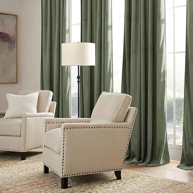 RYB HOME Sage Green Velvet Curtains with Hook Tape, Thermal Insulated Privacy Protect Decorative Room Divider Drapes for Home Theater, W 62 x L 90 inches, 2 Panels Set