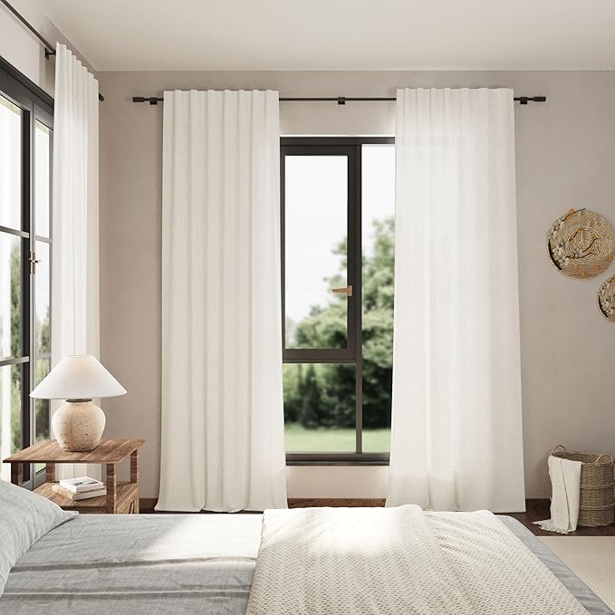 Beige White Linen Curtains 90 Inch Long 2 Panels Set for Bedroom Living Room Beige White Soft Linen Textured Window Drapes Semi Sheer Light Filtering Rod Pocket Back Tab Farmhouse Curtain 52x90