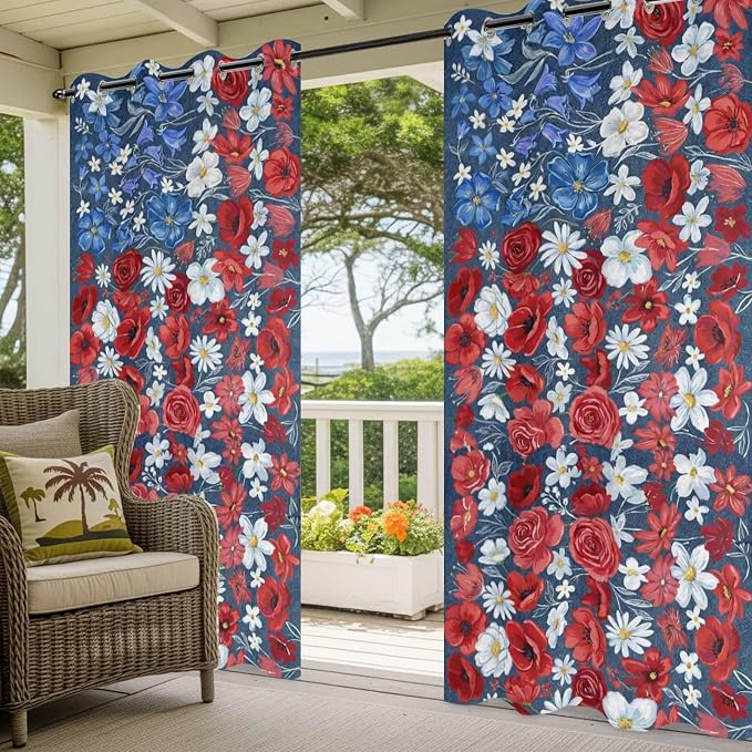 4th of July Outdoor Curtains for Patio Patriotic Flowers Farmhouse Red - Image 5