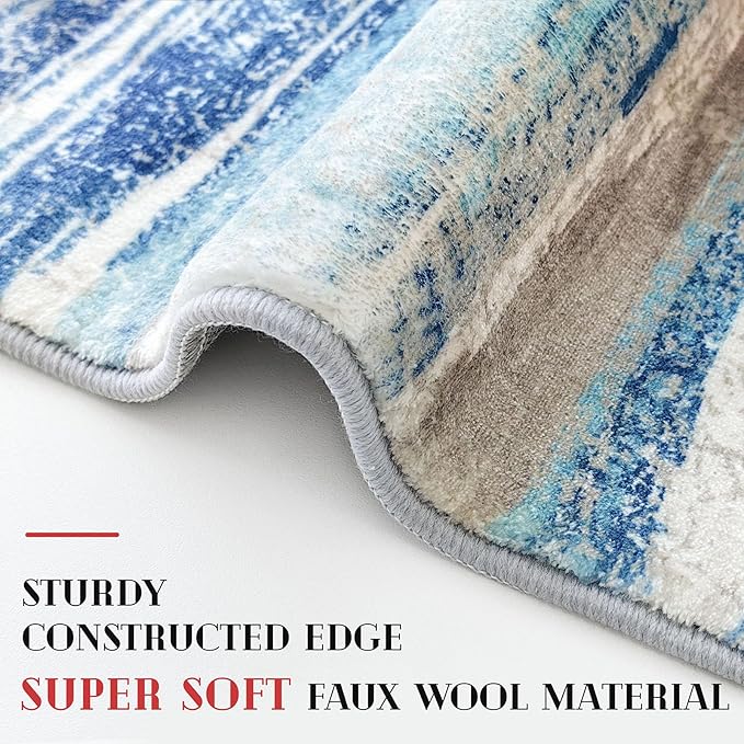 Lansny Modern Abstract Bedroom Runner Rug 2x7, Blue Washable Kitchen Runner, Non-Slip Soft Thin Faux Wool Mat for Entryway, Hallway, Laundry Room, Indoor Home Decor