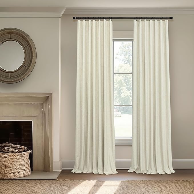 102 Inch Long Curtains for Bedroom Living Room Darkening Blackout Thermal Thick Linen Textured Luxury Curtain Drape for Sliding Glass Patio Door Set of 2 Panel 102 In Length Back Tab Ivory Cream Beige