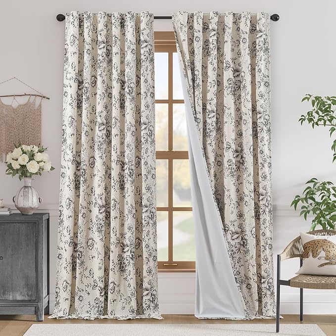 jinchan Lined Linen Blend Curtain Floral Curtains for Living Room 96 Inches Long Black Peony Flower Printed Curtain Back Tab Farmhouse Patterned Drapes Bedroom Window Curtains Set 2 Panels
