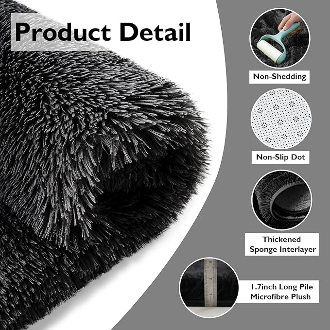 Shag Area Rug for Bedroom 5x8,Black Fluffy Area Rugs for Living Room,Soft Fuzzy Rug Non-Shedding Indoor Plush Carpet for Kids Bedroom Nursery Dorm Home Decor