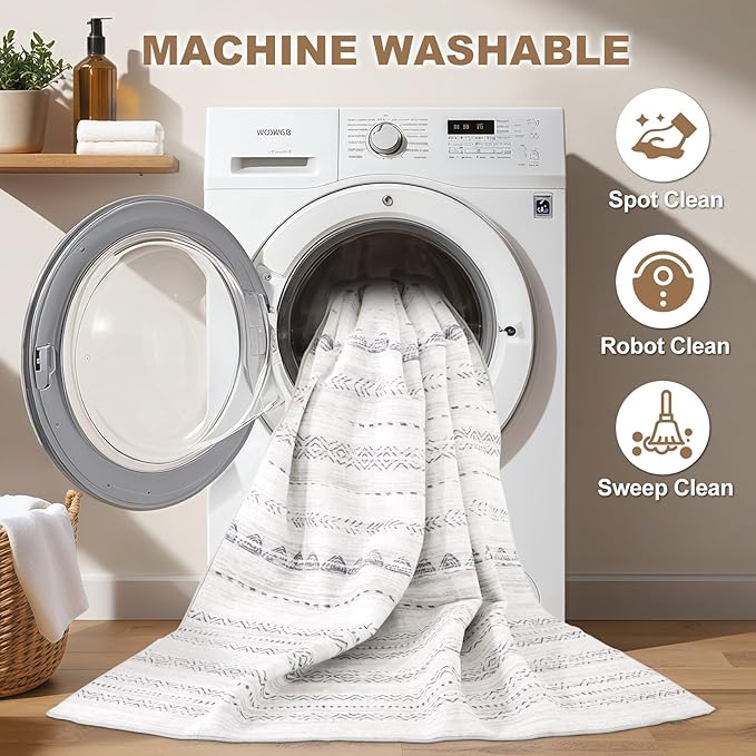 Nakagishi Runner Rug Kitchen Washable Rugs: 2x6 Non-Slip Boho Soft Modern Stain Resistant Indoor Floor Neutral Farmhouse Throw Carpet for Hallway Bathroom Laundry Room Entryway Bedroom- Gray