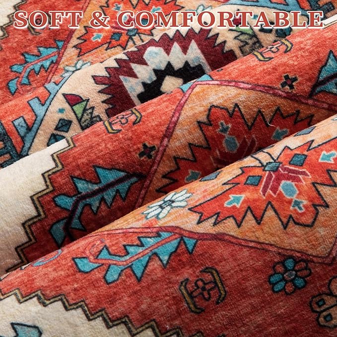 SERISSA Boho Area Rug 8x10 Orange, Washable Large Rugs for Living Room, Ultra Soft Non-Slip Bedroom Rug Print Distressed Vintage Tribal Farmhouse Carpet Rug for Dining Room Dorm Office Home Decor