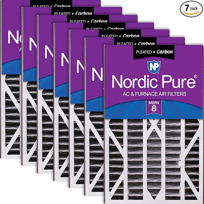 Nordic Pure 16x25x3 Pleated MERV 8 Plus Carbon Air Filters 7 Pack | Actual by NordicPure