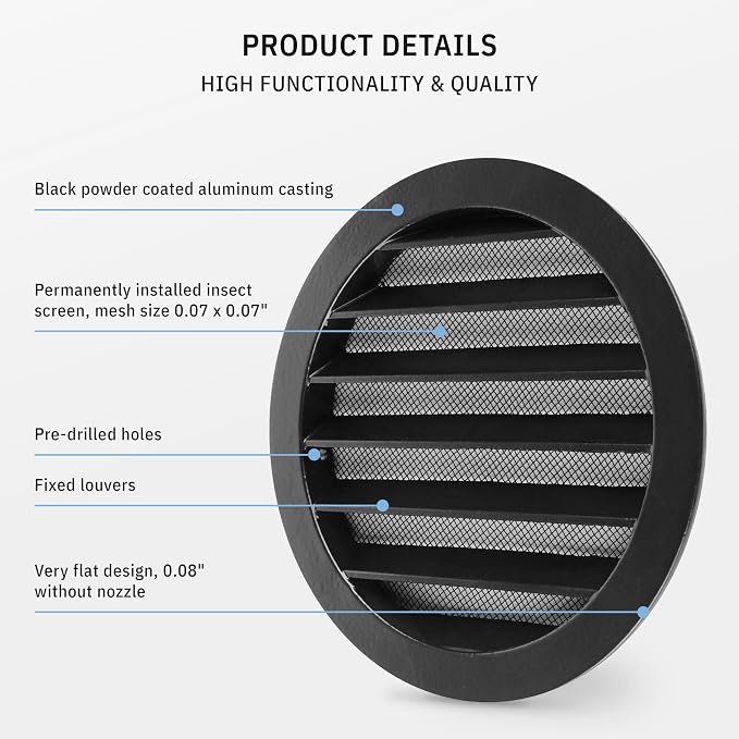 calimaero® WSGB 5" Inch Black Round Metal Air Vent Grill Cover Flat Louver - Image 4