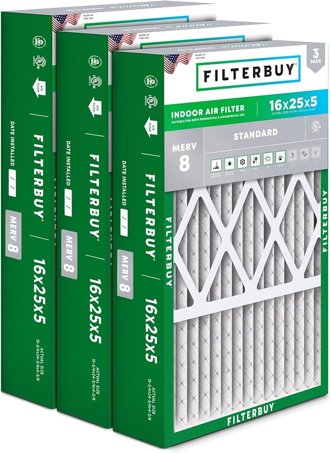Filterbuy 16x25x5 Air Filter MERV 8 Essential Dust & Allergy Defense, Pleated by Filterbuy
