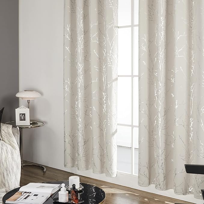 Deconovo Beige Bedroom Curtains, Room Darkening Curtain, Thermal Insulated Soundproof Drapes, Silver Branch Print, 42 x 72 Inch Long, Machine Washable Window Panels for Living Room Nursery, Set of 2