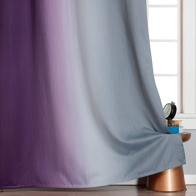 Purple and Grey Blackout Curtains 45 Inches Long,Ombre and Wavy Line Pattern 100% Blackout Curtains for Bedroom,Full Light Blocking Grommet Thermal Insulated Drapes for Kids Room, 42x45 Inch, 2 Panels