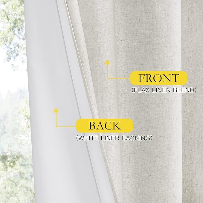 NICETOWN 100% Absolutely Blackout Linen Curtains with Thermal Insulated White Liner, Natural, W52, 2 Pieces, Noise Reducing Textured Linen Look Curtains for Windows 108 inch Length for Classroom
