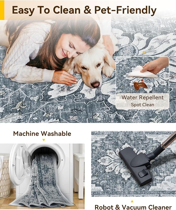 Area Rugs 2'x6' Runner Rug Non Slip Washable for Kitchen Hallway Bedroom Beside Laundry Room Bathroom Rug, Floor Carpet, Light Gray Grey White