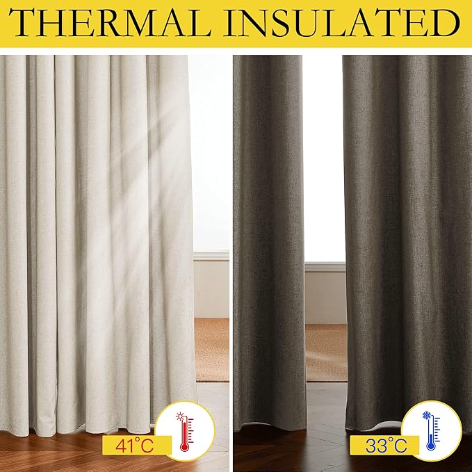 NICETOWN 100% Absolutely Blackout Linen Curtains with Thermal Insulated White Liner, Beige, 62" Wide, 2 Pieces, Privacy Vertical Window Drapes for Office Laundry Living Room Windows 84 inch Long
