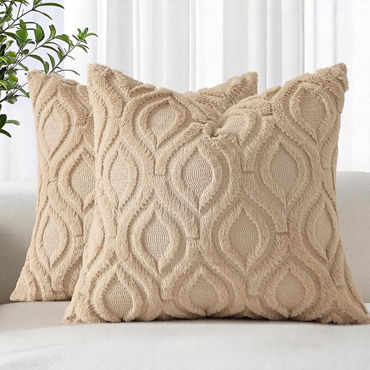 decorUhome Throw Pillow Covers 20x20 Inch Set of 2, Soft Plush Faux Wool Light Khaki Solid Couch Pillow Covers, Accent Farmhouse Neutral Square Pillow Cases for Sofa Bed Living Room