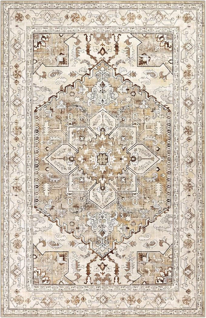 Yamaziot Area Rug 9x12, Non-Slip Washable Boho Vintage Living Room Bedroom Rug with Rubber Backing, Low Pile Faux Wool Soft Distressed Rug Floor Carpet for Living Room, Bedroom